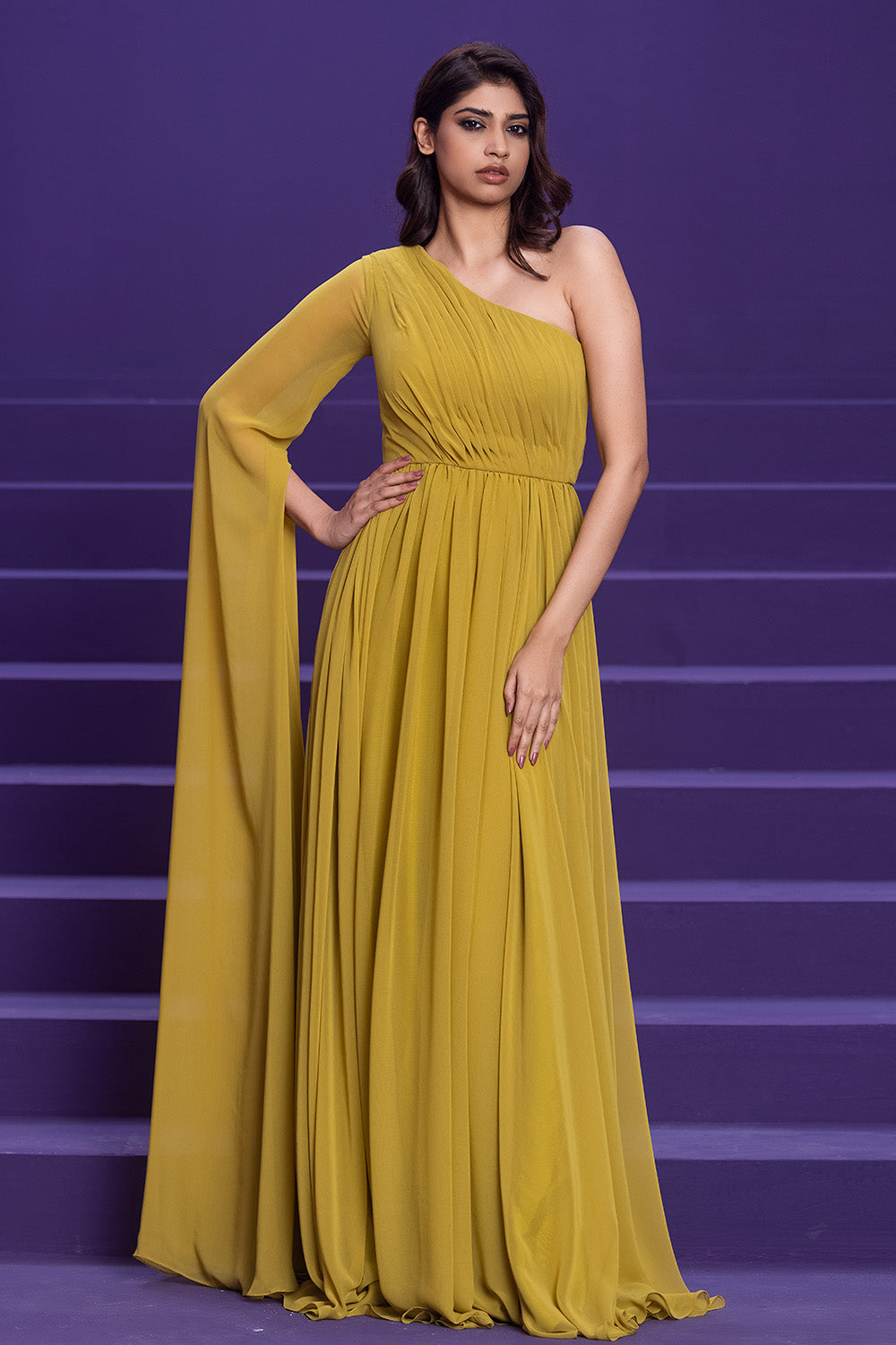 Mustard Green Drape Haute Couture