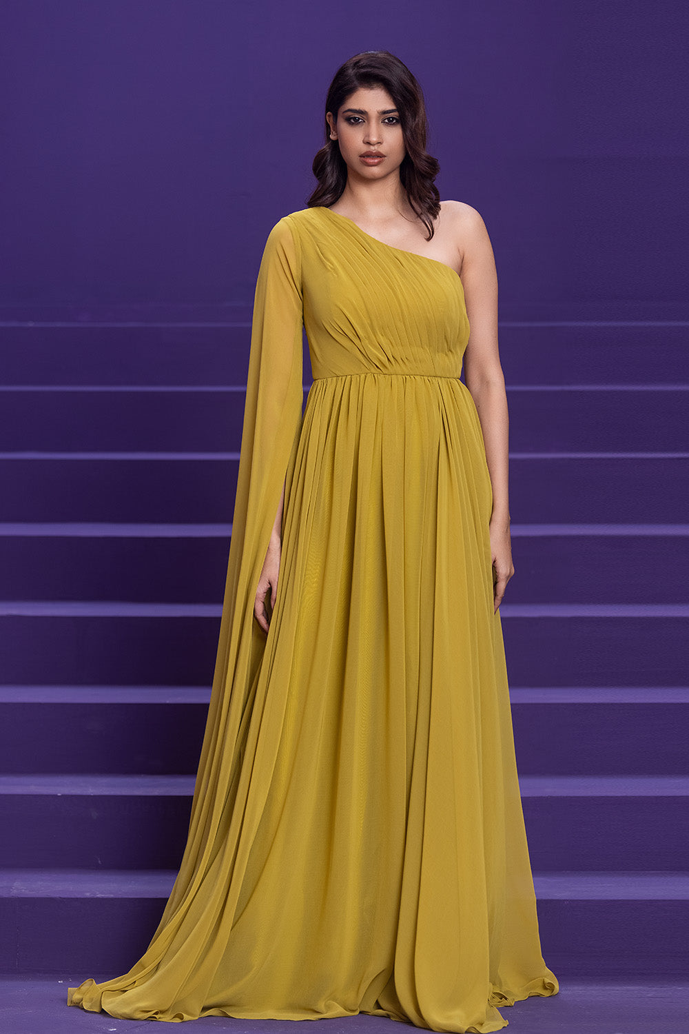 Mustard Green Drape Haute Couture